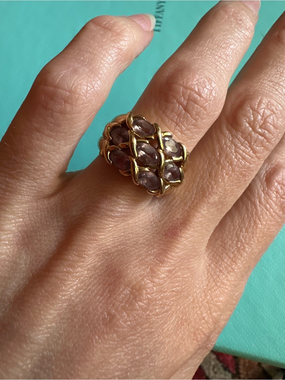 Vintage Sterling Silver Gold Wash Lilac Rhinestone Basketweave Ring